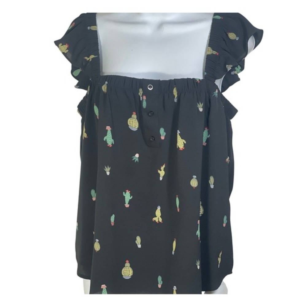Black Cactus Print Cold Shoulder Ruffle‎ whimsical Top L southwestern cowgirl